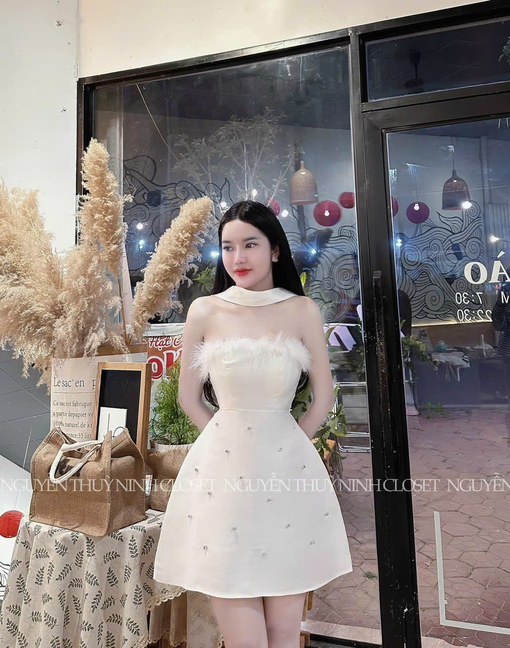 [one size dưới 54kg tùy chiều cao] váy đầm nữ đầm tapta phối lông đính cườm ( có lớt có mút ngực )