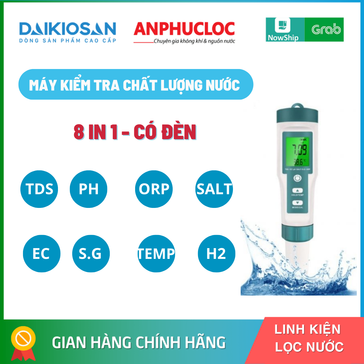 BÚT ĐO CHẤT LƯỢNG NƯỚC 10 TRONG 1 TDS/EC/PH/SALT/S.G/ORP/H2/TEMP