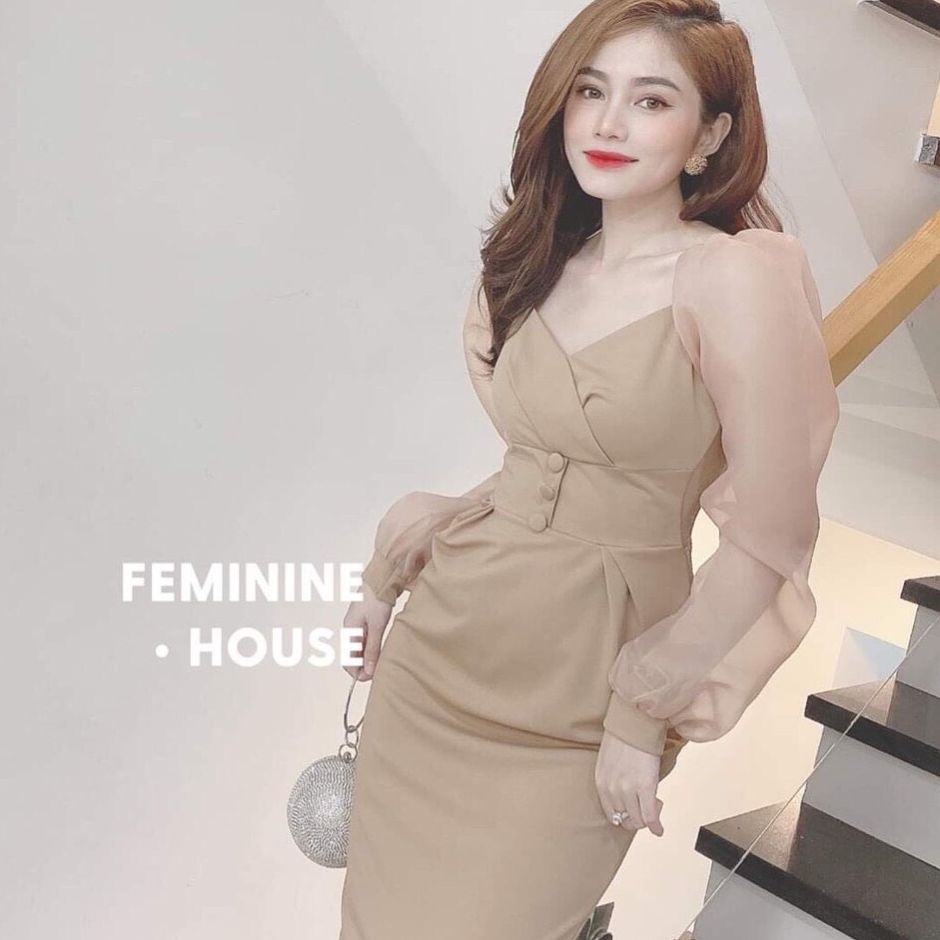 Đầm body cổ tim phối tay voan