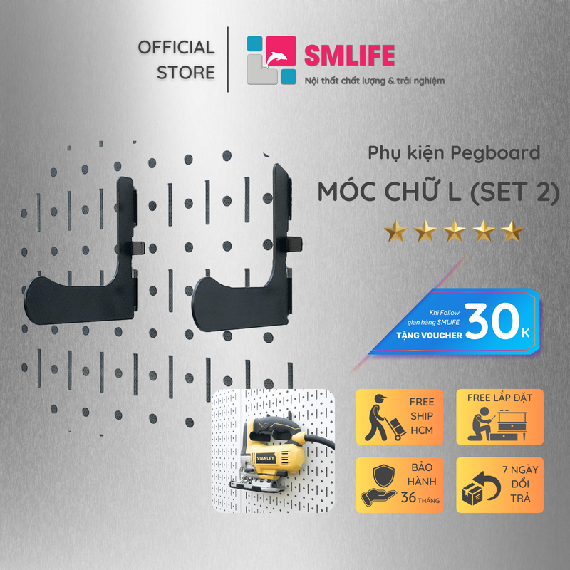 Bộ 2 móc chữ L Pegboard - Giá treo bằng thép sơn tĩnh điện - Phụ kiện móc treo dụng cụ Pegboard