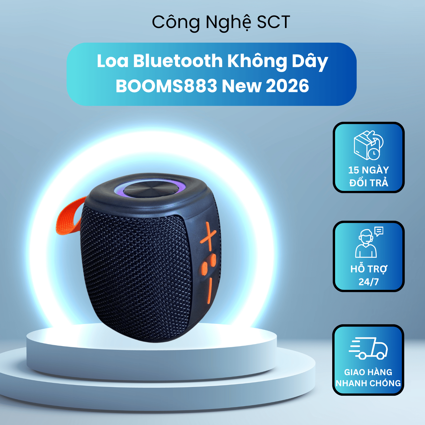Loa Bluetooth Không Dây BOOMS883 New 2026 Âm Thanh Vòm 360° – Bass Mạnh, Đèn RGB Cực Đẹp, Chống Nước IPX4