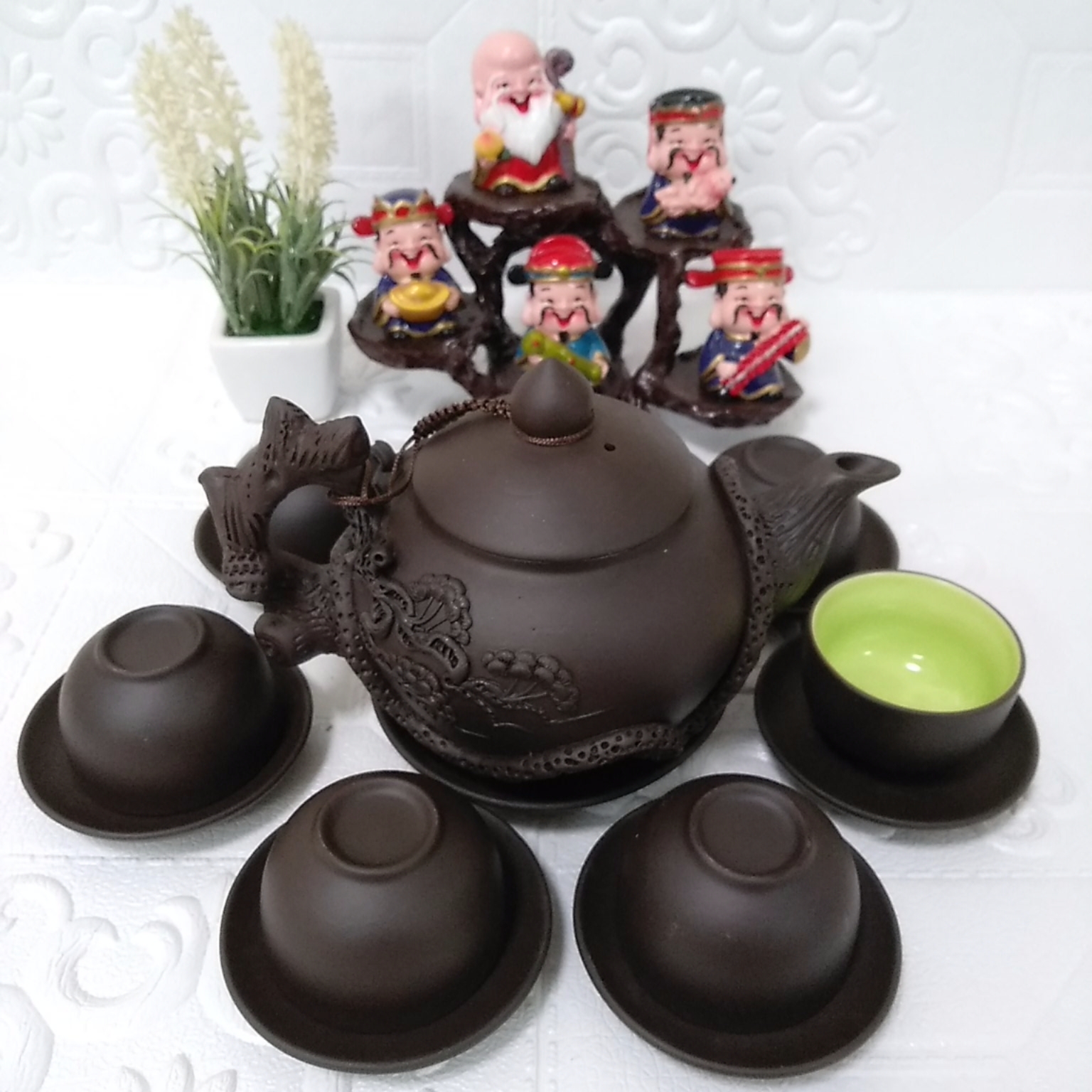 Bộ ấm chén đất nung Bát Tràng cây tùng 400ml màu đen