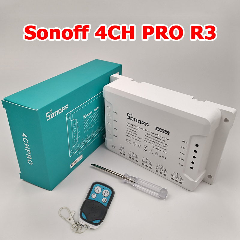 Bảng giá Công tắc thông minh Sonoff 4ch Pro kèm Remote RF 433Mhz 4 kênh. Bật / tắt 4 thiết bị gia dụng từ xa. Hỗ trợ chuyển đổi giữa các chế độ inching / interlock / self-locking.