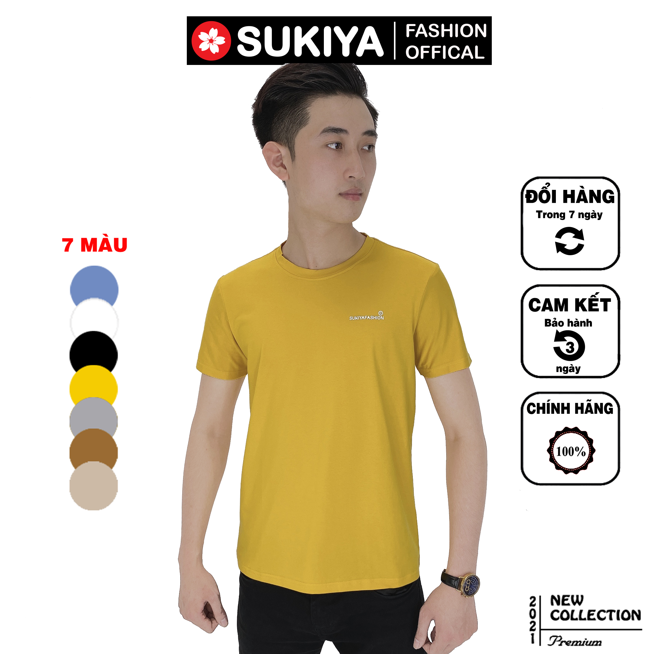 Áo thun nam cổ tròn sukiyafashion vài 100% cotton co dãn 4 chiều at03
