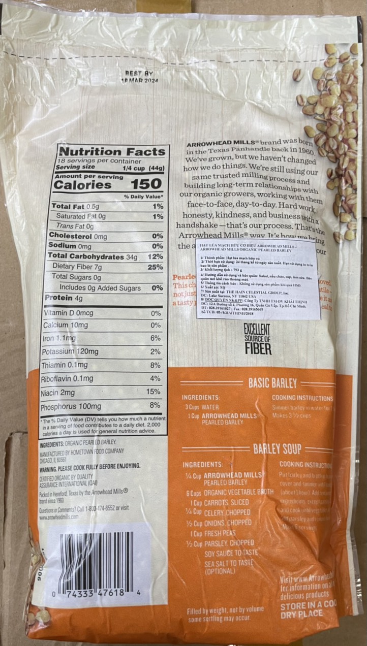 [HCM]HẠT LÚA MẠCH HỮU CƠ ARROWHEAD MILLS PERLED BARLEY 793g