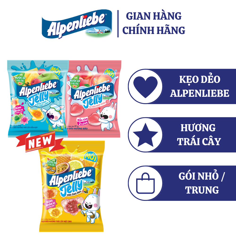 Kẹo dẻo có nhân Alpenliebe Biển Xanh Long Lanh (hương trái cây hỗn hợp), Ong Óng Ánh (hương trái cây kết hợp mật ong) và kẹo dẻo 2 lớp Tim Đào Ngọt Ngào (hương Đào)