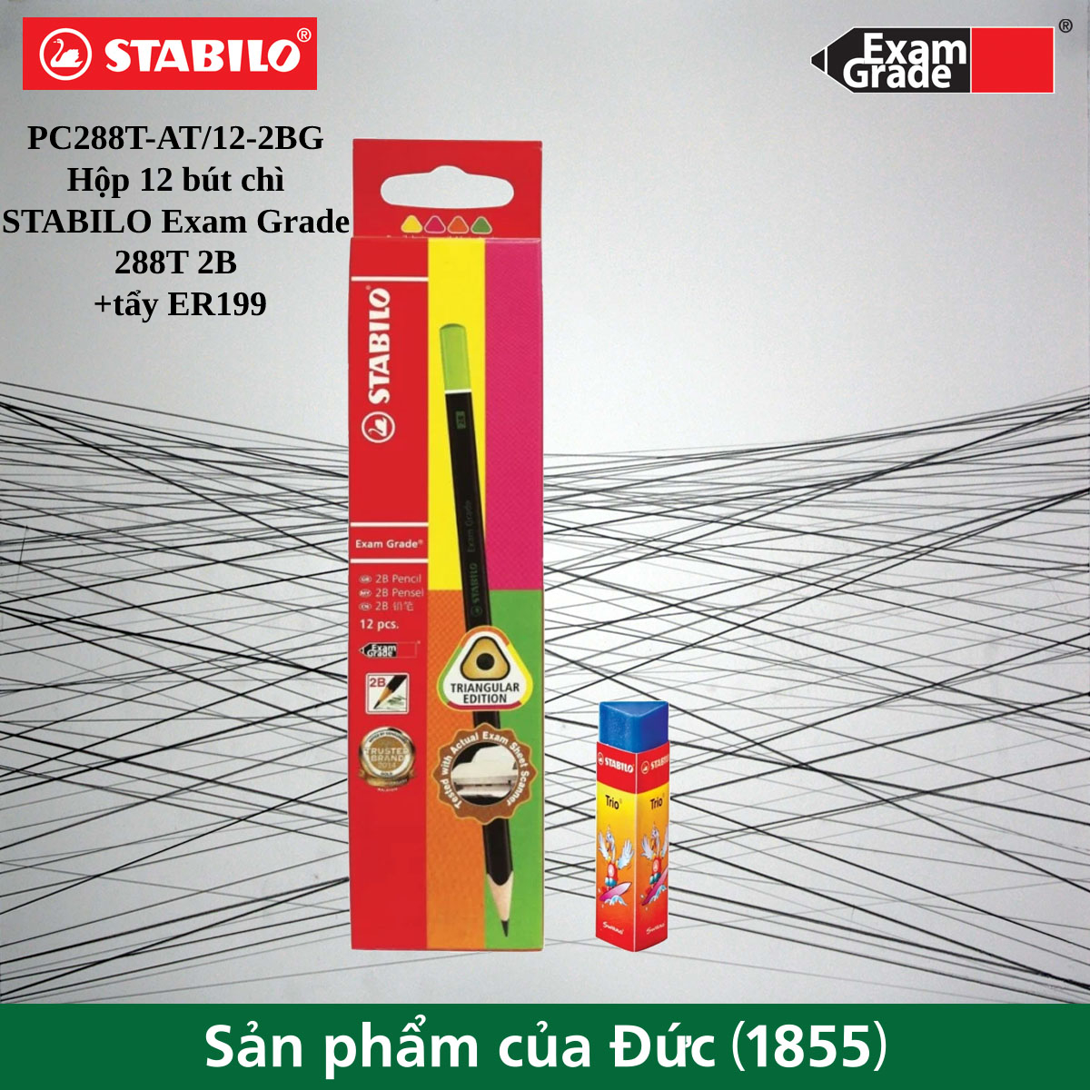 Bộ 12 bút chì gỗ STABILO Exam Grade 288T 2B thân tam giác