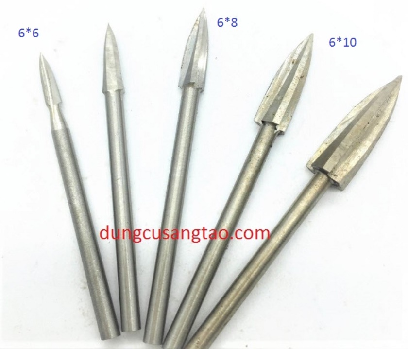 Mũi 3 khía cán 6mm (Điêu khắc gỗ, mũi phá thô cán 6mm). bộ 4 mũi