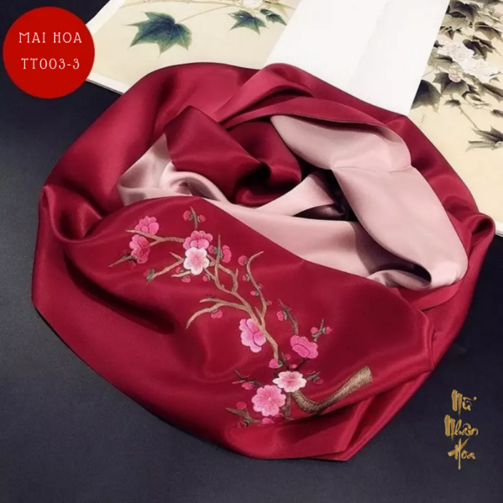 TT003 Khăn Lụa Thêu Tay Cao Cấp Hoạ Tiết Hoa Mai