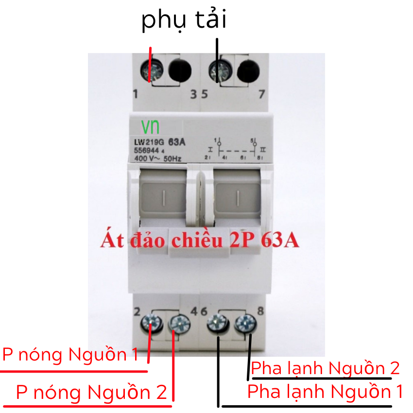 Át đảo chiều 2p 63a 220v- cầu dao đảo chiều 1 pha