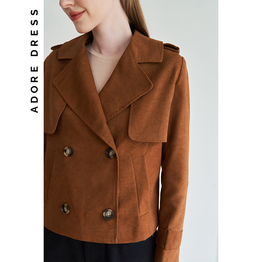 Trench coat ngắn cổ 2 ve da lộn nâu tây 1KH4009 ADOREDRESS