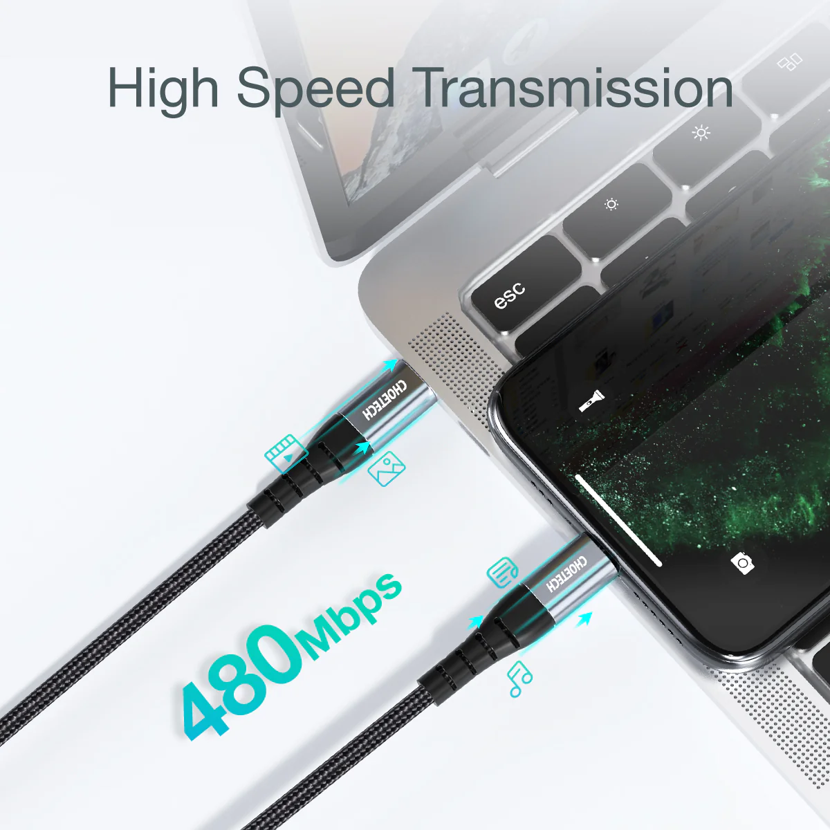 Dây cáp sạc nhanh Choetech bọc dù dài 2m USB-C cho Iphone chuẩn MFi