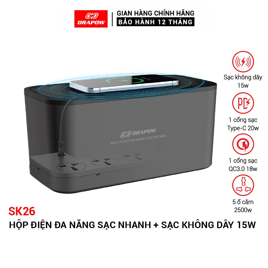 Ổ điện cao cấp drapow sk26 5 ổ cắm 2500w, 1 cổng sạc type c 20w, 1 cổng sạc qc 18w, 1 cổng usb-a 12w + sạc không dây