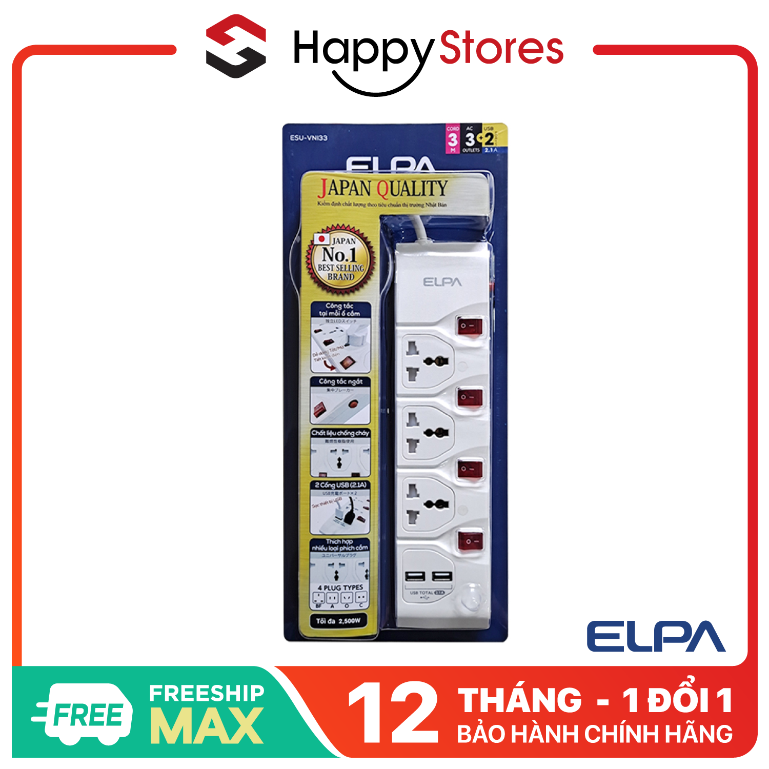 Ổ plug electrical safety ELPA esu-vni33 genuine