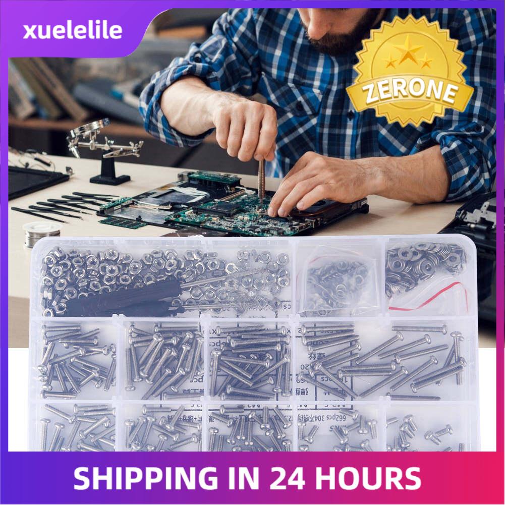 662PCS M2.5 Screw Set 304 Stainless Steel Pan Fasteners Head Cross Machine Screw+Flat/Elastic Washer+Nut
