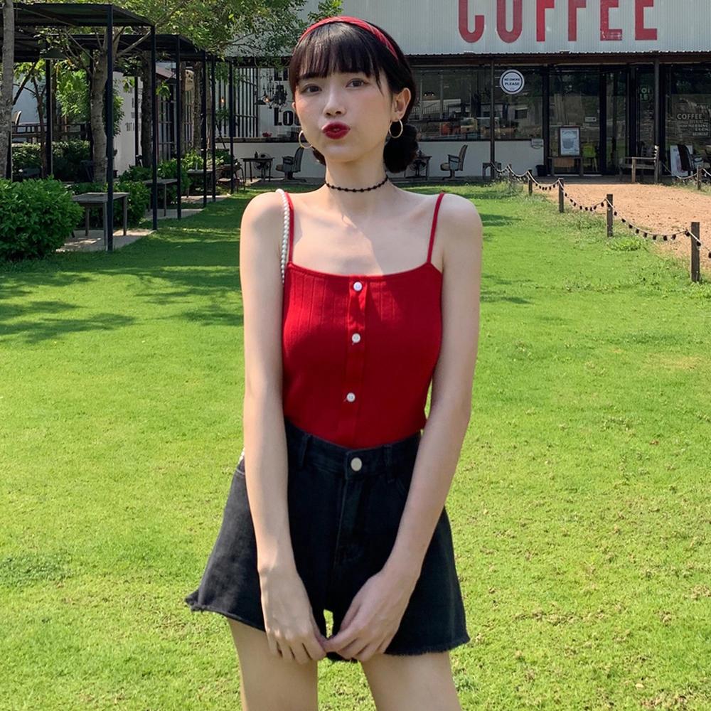 [HCM]Áo Hai Dây Cổ Vuông Đính Nút