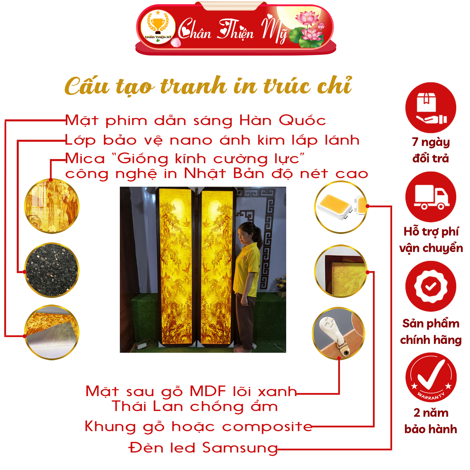 Tranh In Trúc Chỉ Bộ Đôi Cao Cấp CHÂN THIỆN MỸ, Đèn Phong Thủy Trang Trí Phòng Thờ, Bàn Thờ TC-TD-06