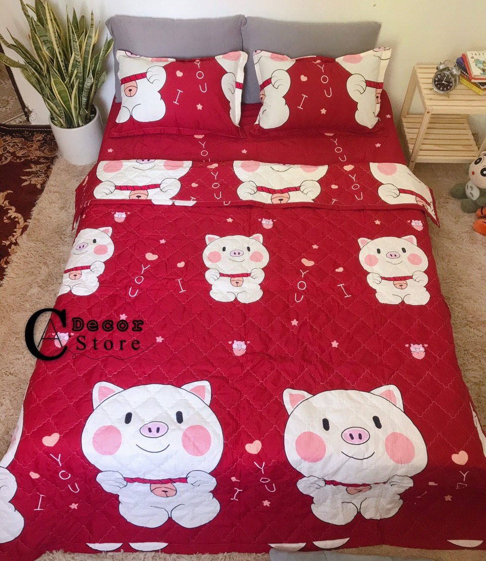 Bộ Chăn Ga Gối Cotton Poly Lợn Đỏ , Chất Liệu Thoáng Mát , Kích Cỡ Đa Dạng , By. C.A Decor Store