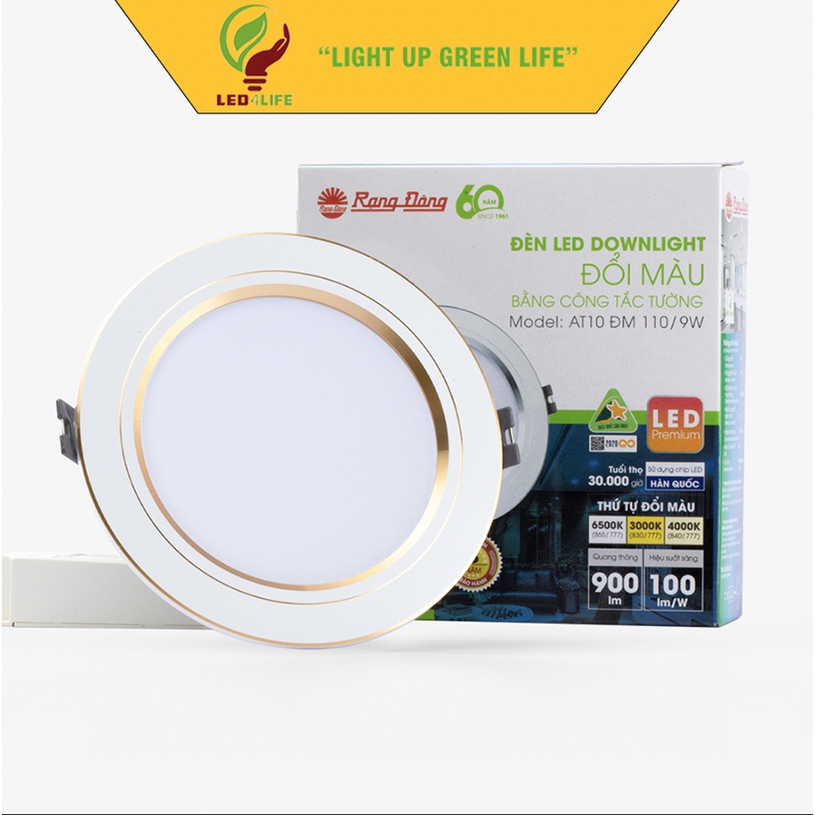 Đèn LED Downlight âm trần Rạng Đông AT10 đổi màu (Viền Vàng-bạc)