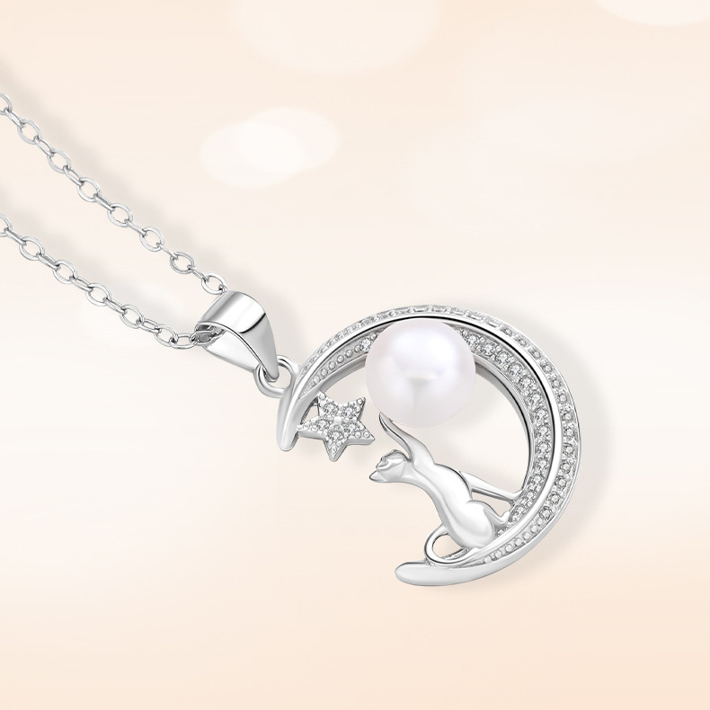 Dây chuyền ngọc trai mặt trăng hình con mèo độc đáo - db2731 - bảo ngọc jewelry