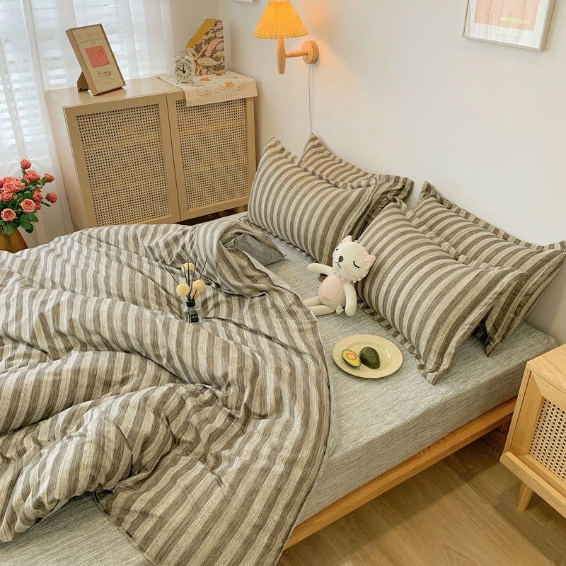 Bộ chăn ga gối phong cách Hàn Quốc kẻ ghi bo chun đủ kích thước