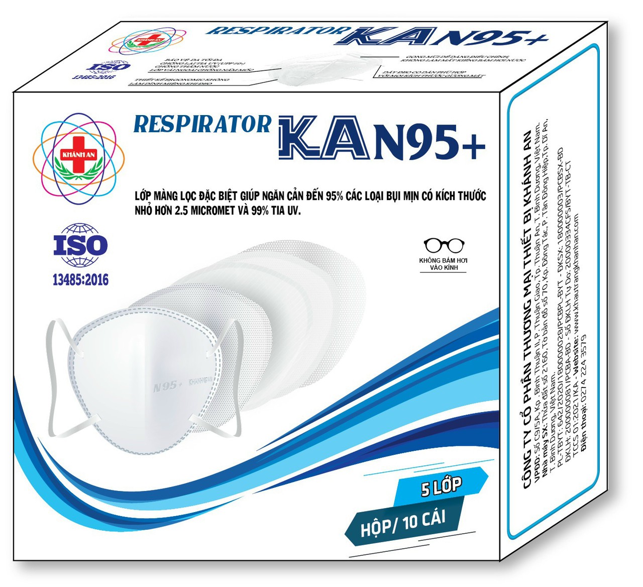 Khẩu trang y tế 5 lớp Khánh An KA N95+ kháng khuẩn màng lọc đặc biệt giúp ngăn cản 95% bụi mịn nhỏ hơn 2.5 micromet và 99% tia UV, không bam hơi vào kính