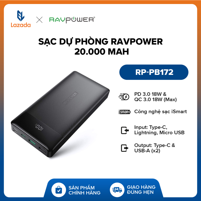 [MUA 2 GIẢM THÊM 50K] Sạc dự phòng RAVPower 20.000 mAh l Power Delivery 3.0 18W | Quick Charge 3.0 18W (Max) l Output 1 Type-C PD, 1 USB-A QC, 1 USB-A iSmart l Đèn LED l RP-PB172 l HÀNG CHÍNH HÃNG