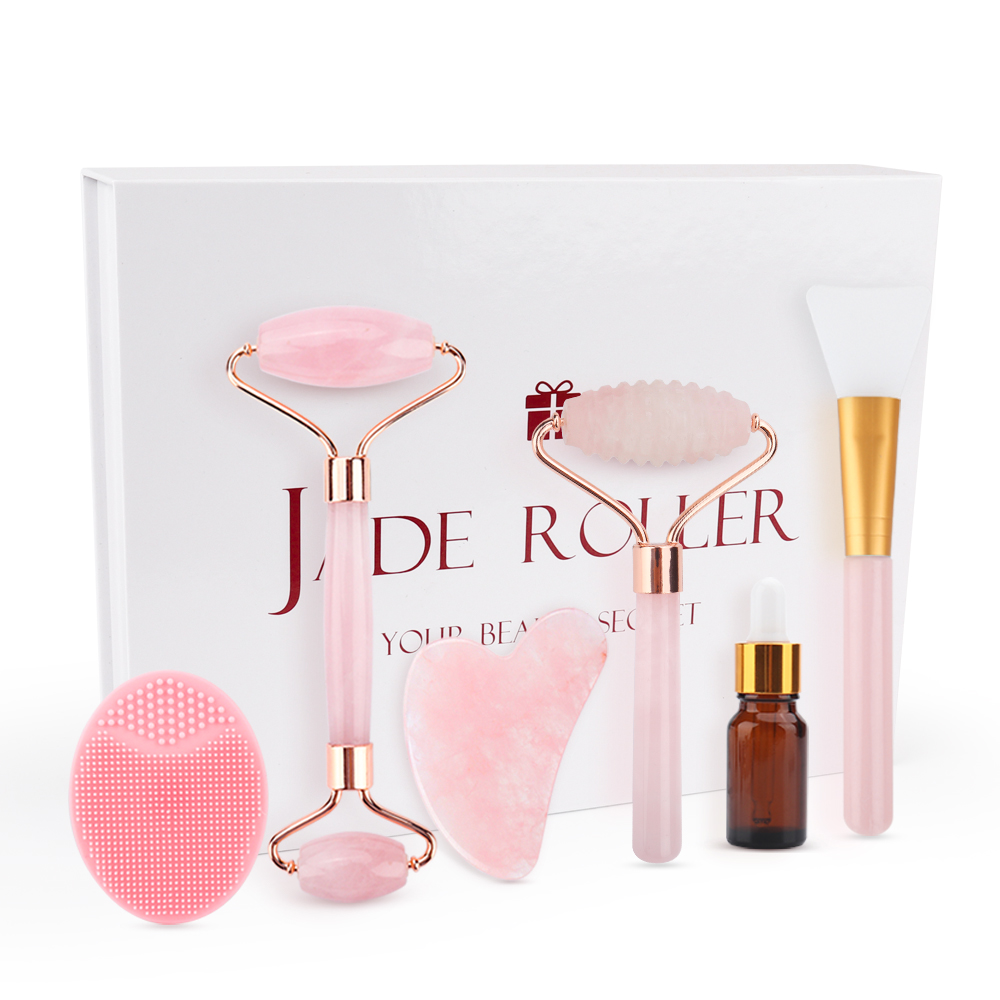 6PCS/Set Rose Quartz Jade Roller Genuine Jade Stone Massage Natural Facial Jade Roller Guasha Beauty Massage Tools