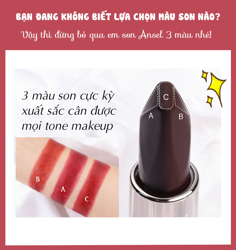 Son môi ANSEL 3 màu độc đáo chống nước lâu trôi giữ màu tốt, Hàng nội địa Trung Quốc - INTL