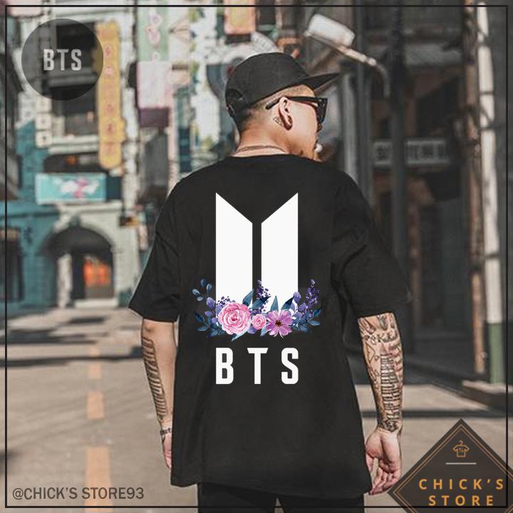 Áo thun tay lỡ BTS phối hoa (Màu đen) - Áo thun Kpop