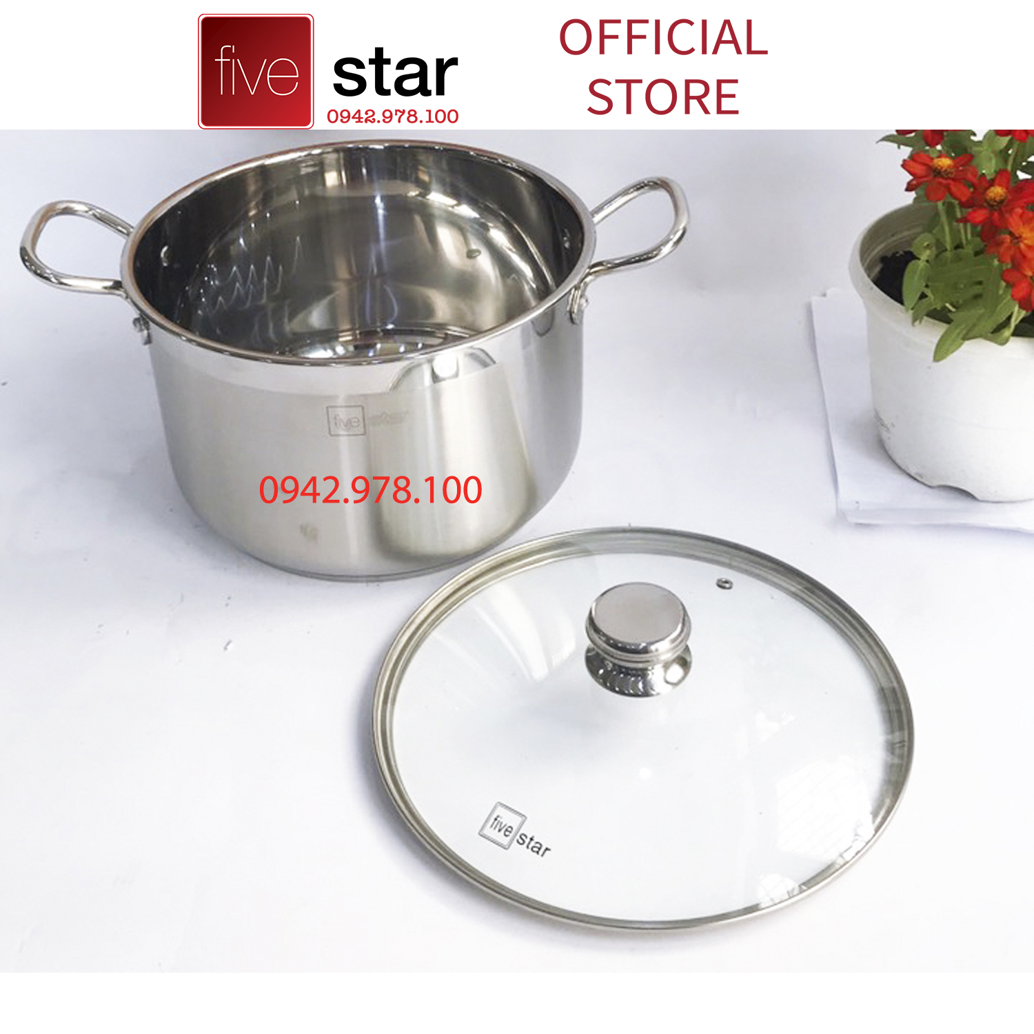 Bộ nồi xửng hấp FiveStar Standard inox 430 , 3 đáy , nắp kính, tặng 1 vá canh ( 24cm / 26cm / 28cm / 30cm / 32cm ), dùng được bếp từ , hồng ngoại , gas