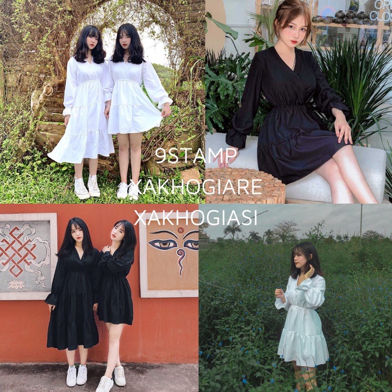 [HCM]Đầm babydoll dáng xoè tay dài trắng và đen đôi bạn thân dáng ngắn và dáng dài