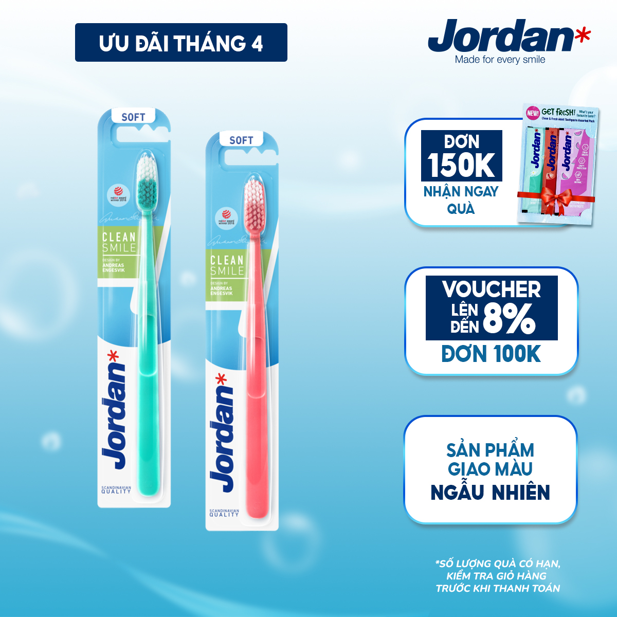 Bộ 2 Bàn chải đánh răng Jordan Clean Smile lông siêu mềm bảo vệ nướu nhạy cảm  - xuất xứ : Malaysia
