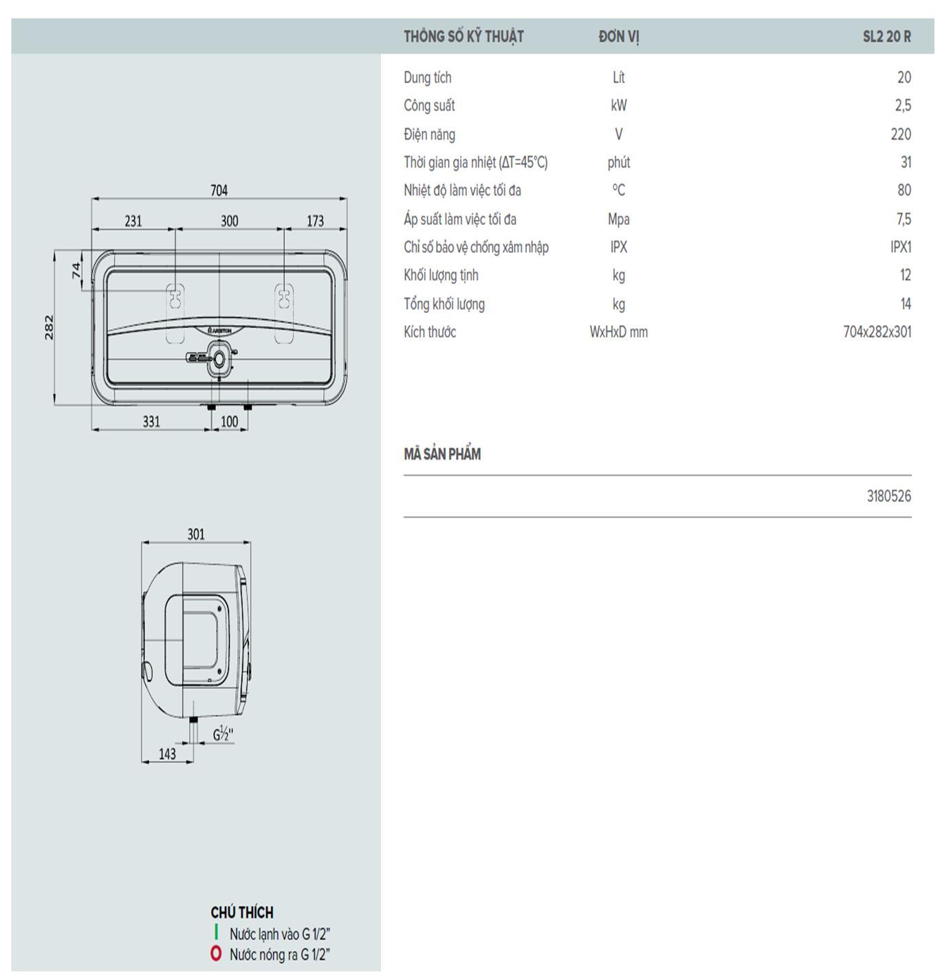 Bình nước nóng Ariston Slim2 20 R, 20 Lít