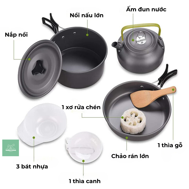Bộ nồi nấu ăn dã ngoại xếp gọn 9 món có ấm nước, nồi-chảo dã ngoại, chất liệu hợp kim nhôm cao cấp, nhỏ gọn nhẹ tiện dụng - DCP23