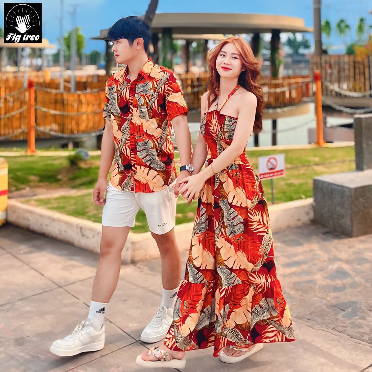 Set sơ mi váy đôi fig tree chiếc lá đỏ mã 180 đi biển cực xinh cho các cặp đôi