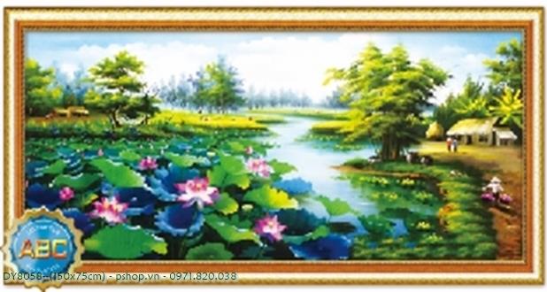 Tranh đính đá 5d phong cảnh - sông sen quê hương [y8058 kích thước 150*75cm