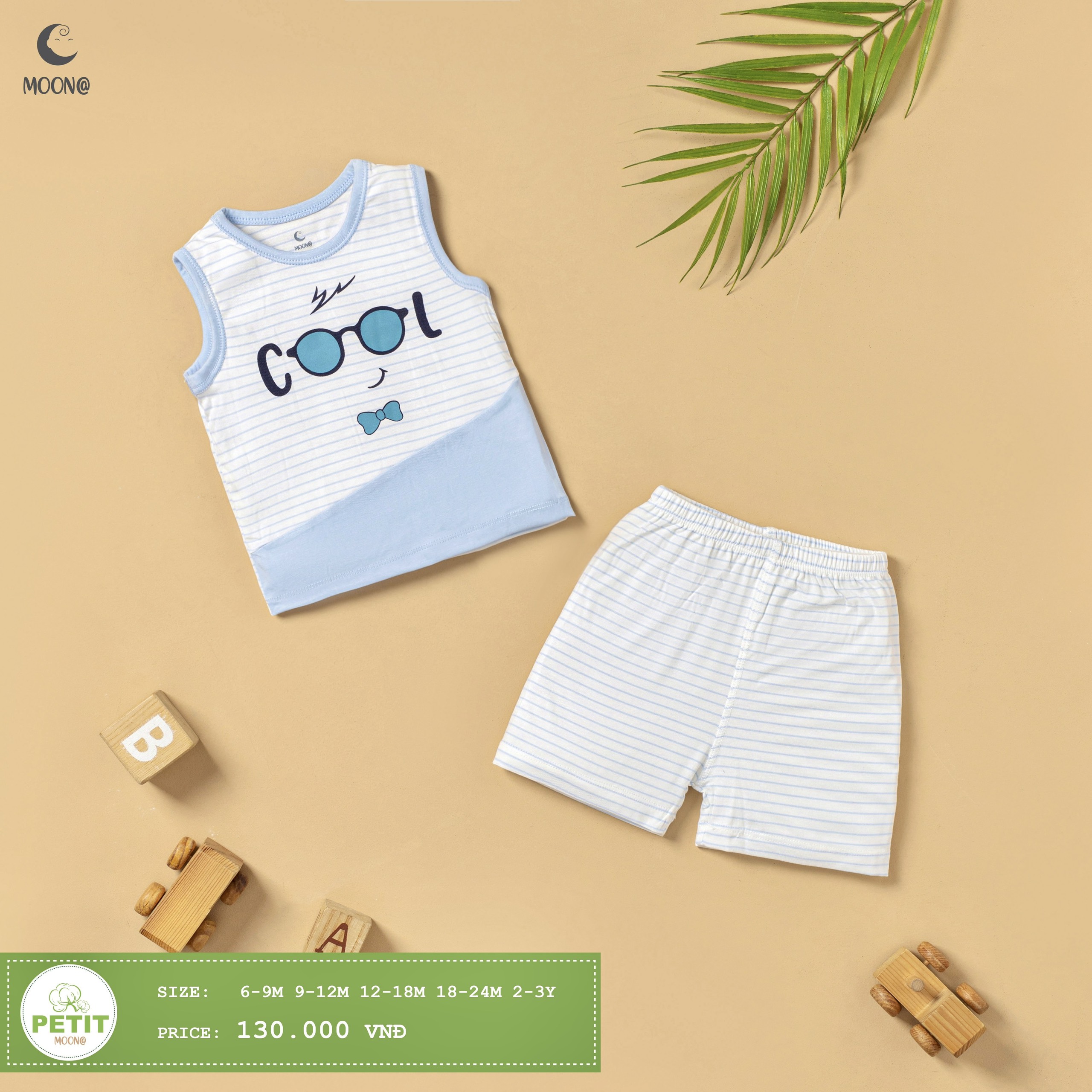 Bộ ba lỗ petit họa tiết kẻ trẻ em Moon