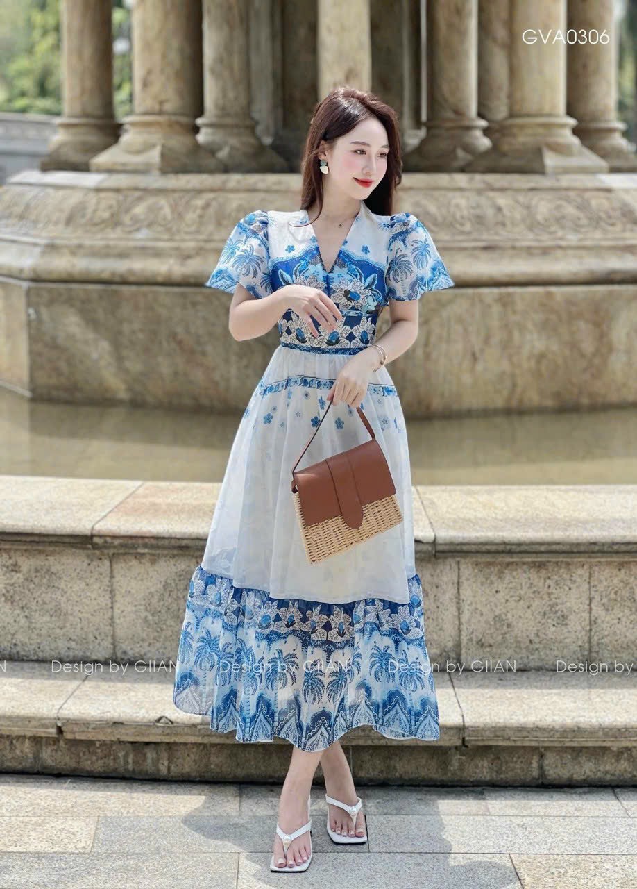 Đầm xòe voan hoa TRIPBLE T DRESS có lót màu xanh phối trắng siêu xinh - Free size dưới 54kg - MS136HD