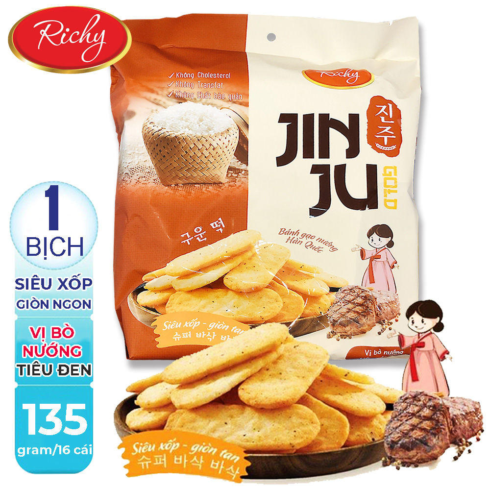 [ BÁNH GIÒN THƠM NGON ] 01 Bịch 16 cái (135gr) Bánh gạo JINJU RICHY vị bò nướng tiêu đen 1 nắng (Date : 10 tháng)-[ 12.12 Hot Deals ]