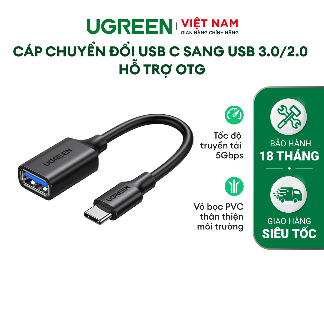 Cáp chuyển đổi USB C sang USB 3.0/2.0 hỗ trợ OTG UGREEN US154 | Vỏ bọc PVC | Tốc độ truyền tải 5Gbps | Dài 15cm | Bảo hành 18 tháng | 30702