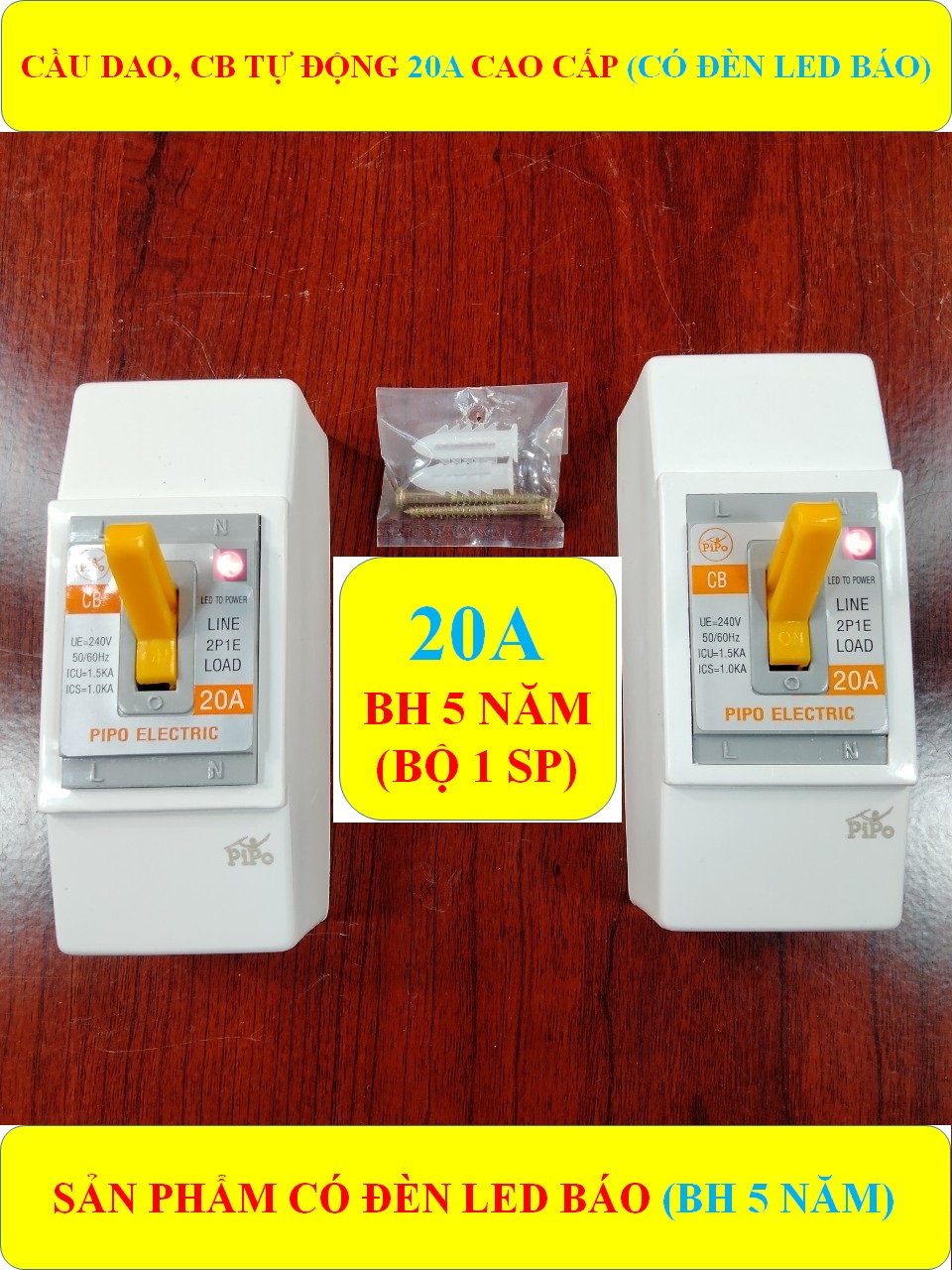 Cầu dao tự động (Aptomat) 20A cao cấp + BH 5 năm + Đèn Led báo + Nắp chụp CB + Bộ ốc vít lắp đặt (bộ 1 sản phẩm)
