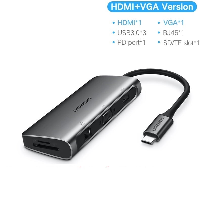 Ugreen 40873 bộ chuyển đổi type c sang 3 usb 3.0 + hdmi + vga + lan + sd tf + hỗ trợ nguồn type c cm179