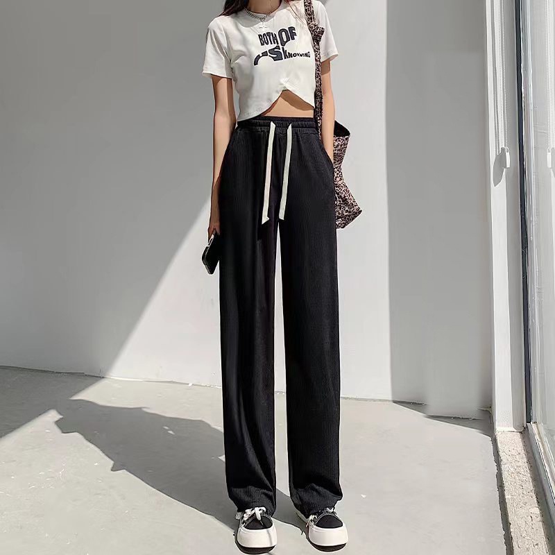 Quần ống rộng dài 95cm thun tăm xuất hàn lưng cao cạp chun dây rút dáng xuông dài Quần culottes ống suông co dãn vải mát