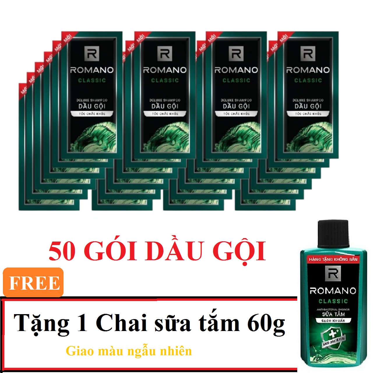 (Tặng 1 sữa tắm 60g) Set 50 gói dầu gội Romano 5g (Xanh lá - Xanh dương - Đỏ - đen - 5in1)