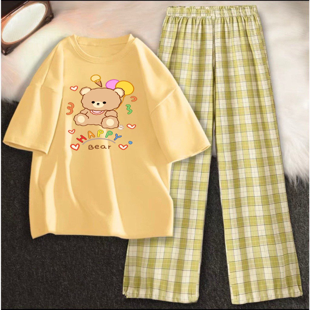 Sả hàng sét bộ gấu nâu ngồi happy bear kèm quần kẻ siêu cute