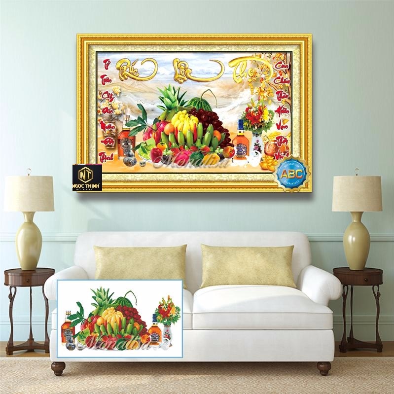 tranh đính đá Phúc Lộc Thọ mâm ngũ quả y8301-kt120x80cm Tặng keo Phủ bóng và tăng độ bên Tranh lên đến 50 năm