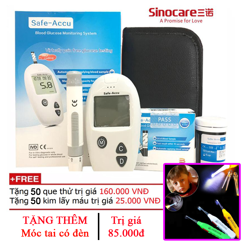 Máy đo đường huyết sinocare safe accu kèm 25 kim, que + tặng tiếp móc tai có đèn