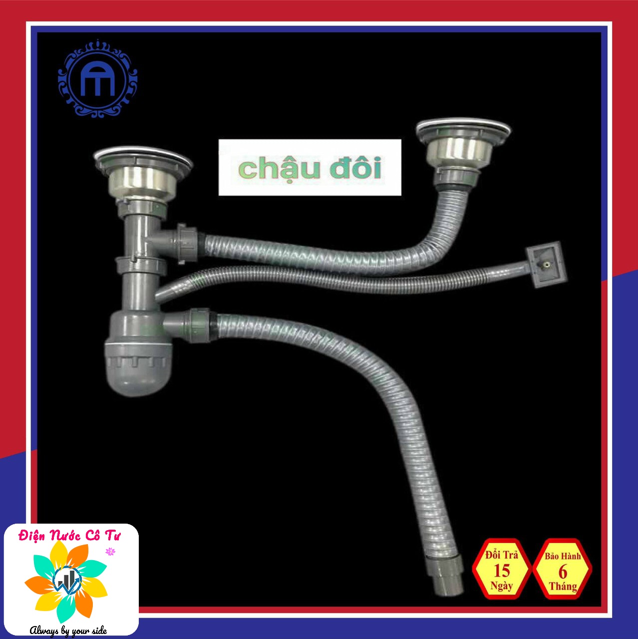Bộ xả chậu rửa chén đôi 2 hộc phi 110mm, phi 140mm, bộ xả chén INOX cho chậu đá, chậu composite
