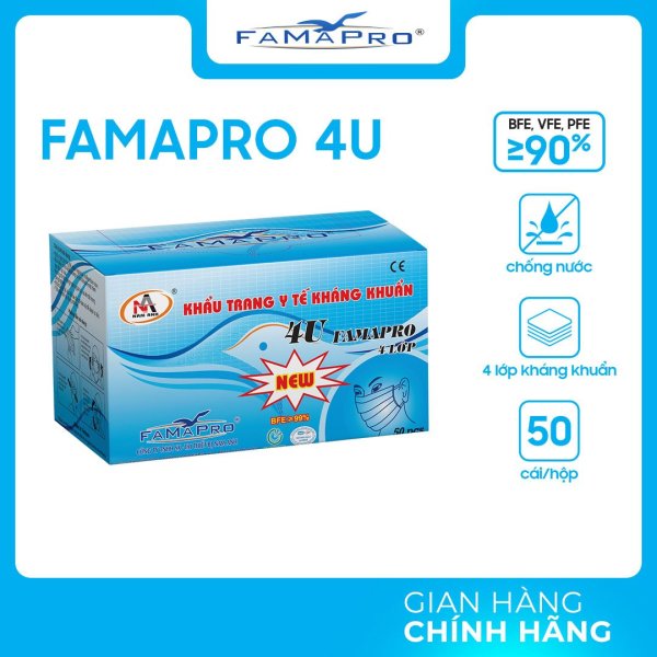 [Hàng siêu rẻ] 1 Hộp khẩu trang y tế kháng khuẩn cao cấp 4 lớp Famapro 4U (1 hộp/ 50 cái) nhập khẩu